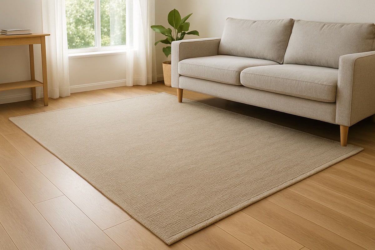 Large area rug anchoring a seating area on oak hardwood in a busy family living room