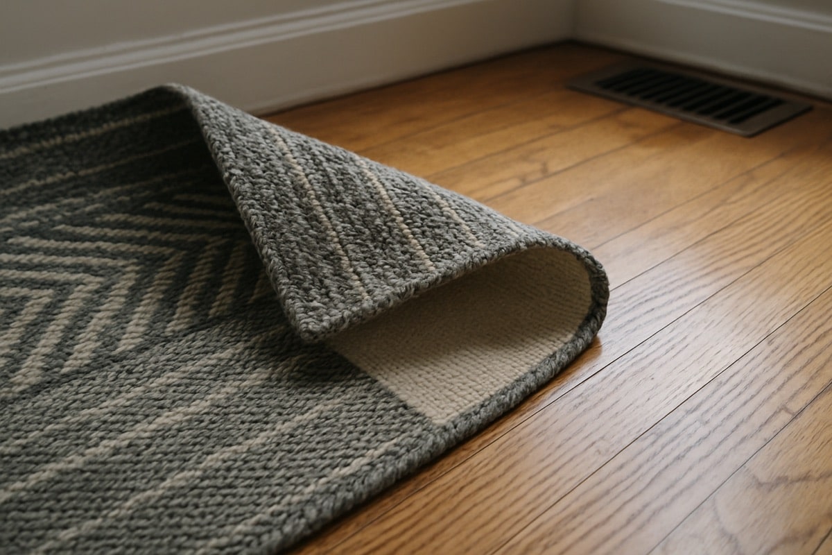 Wool area rug with a woven foundation laid across oak hardwood in a living room