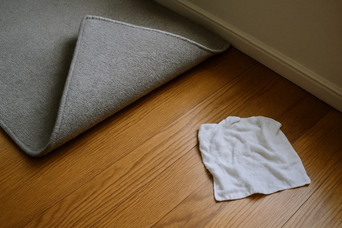 Corner of an area rug lifted to show clean dry hardwood beneath after a spill
