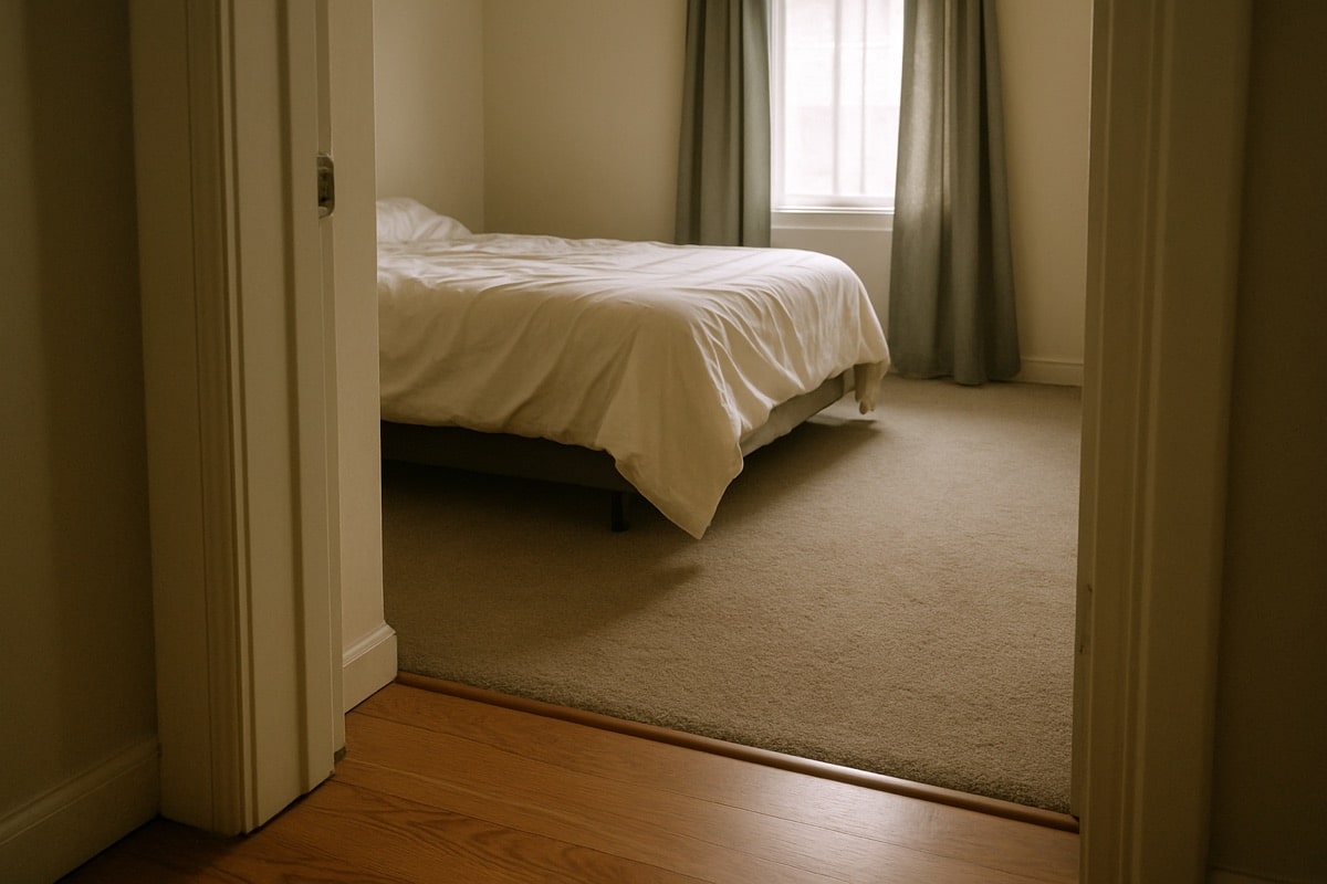 Bedroom doorway where hallway hardwood transitions to soft neutral carpet inside the room