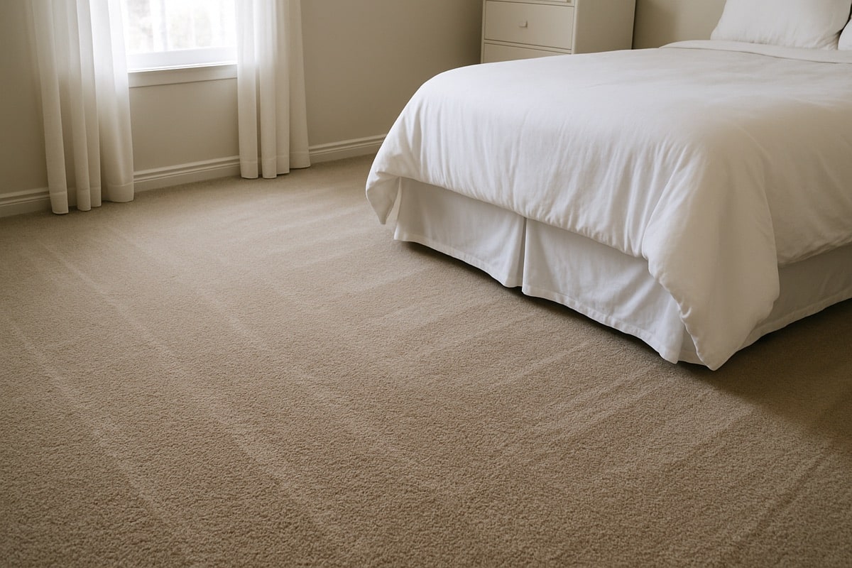 Plush carpeted bedroom with morning light and bedding in neutral tones