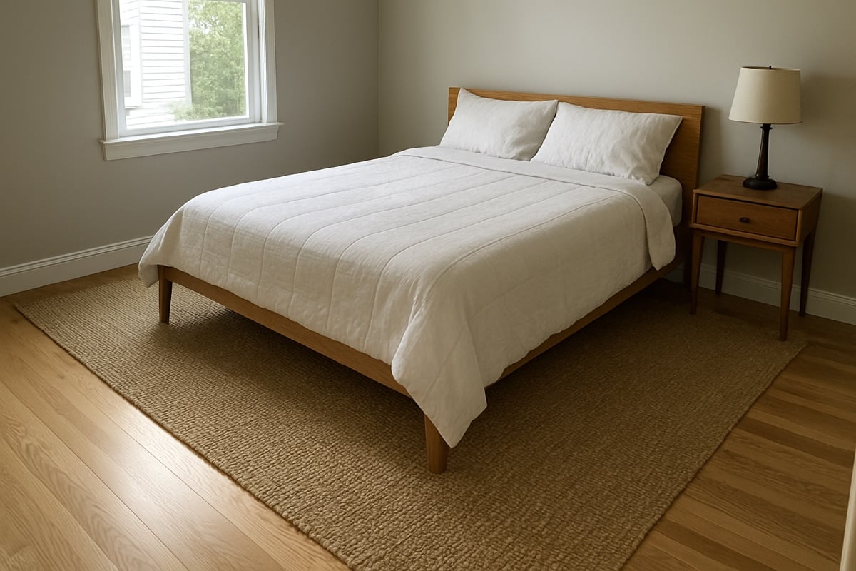 Engineered hardwood bedroom floor with a large area rug under the bed frame