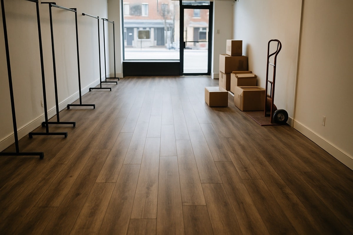 Empty Toronto retail unit with new wood-look commercial flooring ready for fixturing
