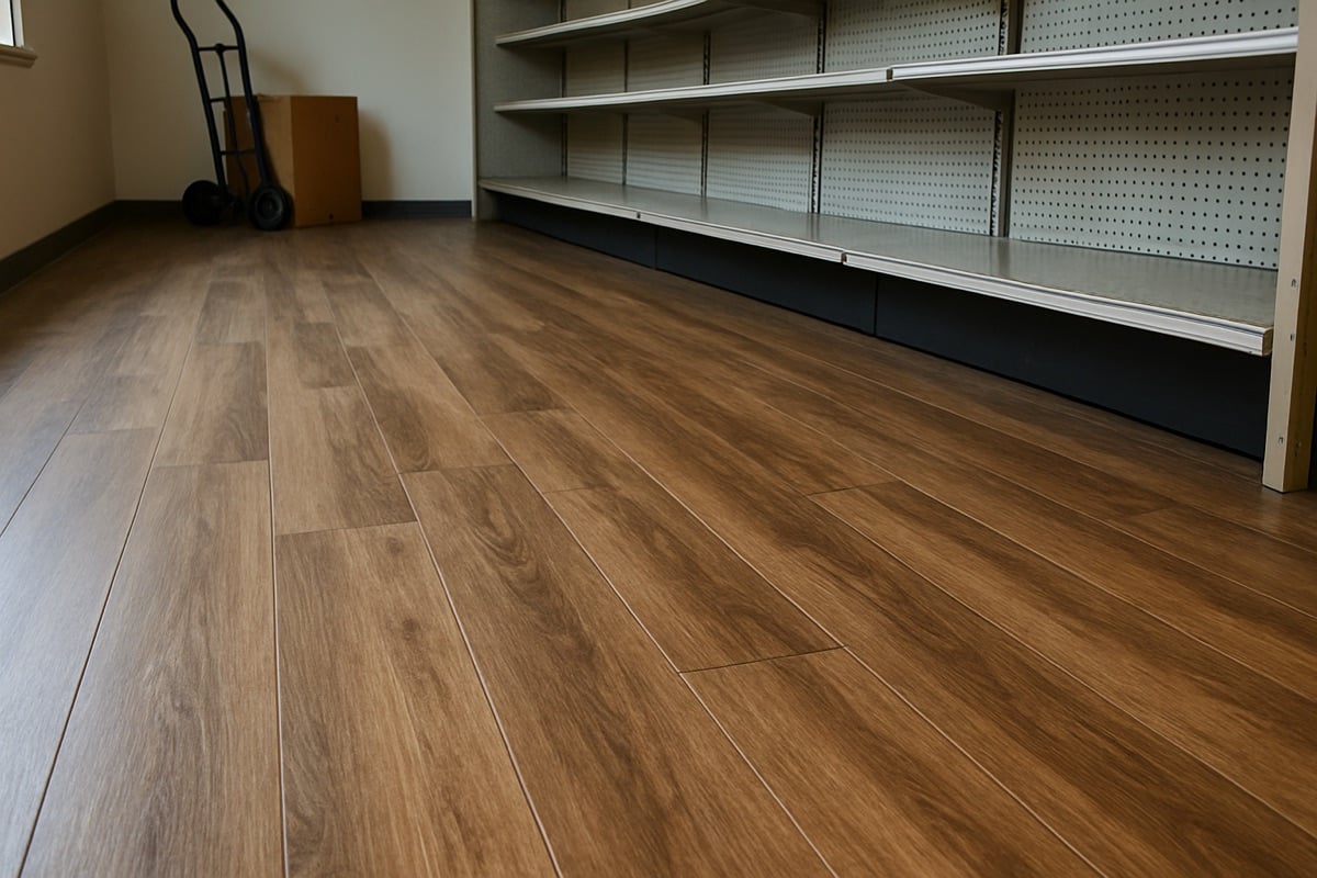 Commercial wood-look vinyl plank flooring in an empty retail space with shelving along the walls