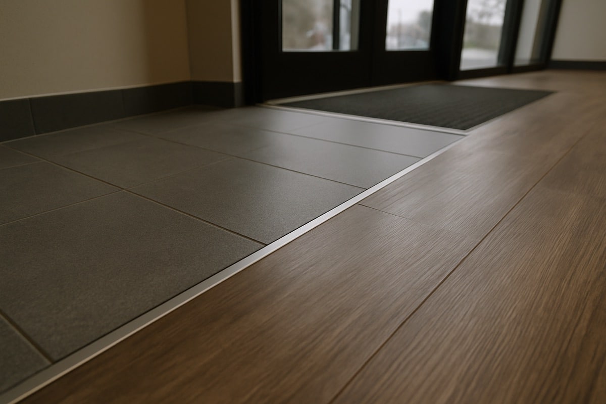 Retail checkout area floor where wood-look resilient flooring meets porcelain tile at the entrance
