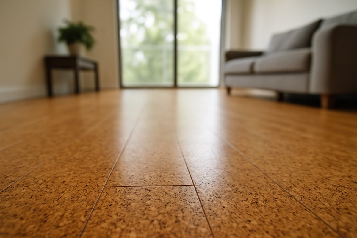 Open-concept Toronto condo with cork plank flooring running from kitchen to living area