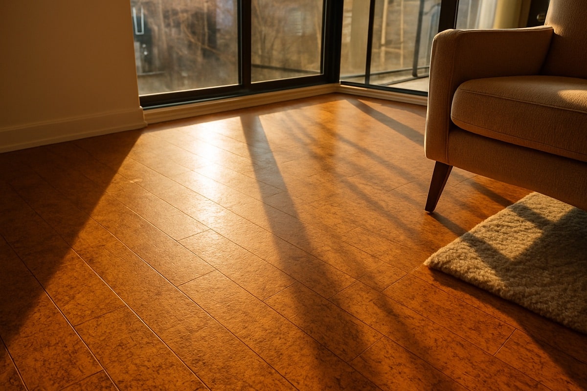 Warm-toned cork plank flooring in a condo living area with floor-to-ceiling windows