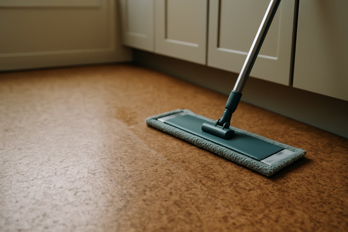 Close-up of cork flooring texture in a condo kitchen with a damp mop nearby
