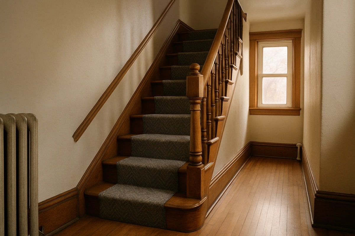 Oak staircase in a Toronto home with a patterned wool stair runner up the centre