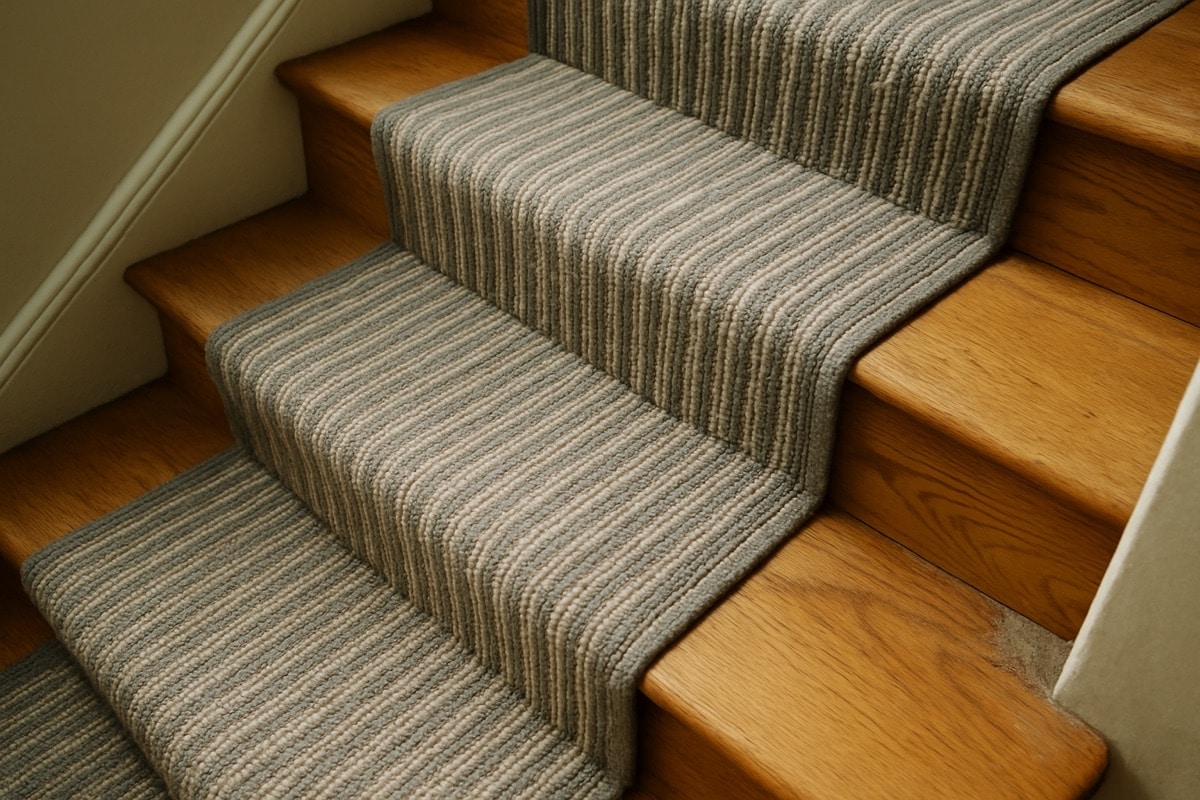 Patterned wool stair runner installed on an oak staircase in a Toronto home