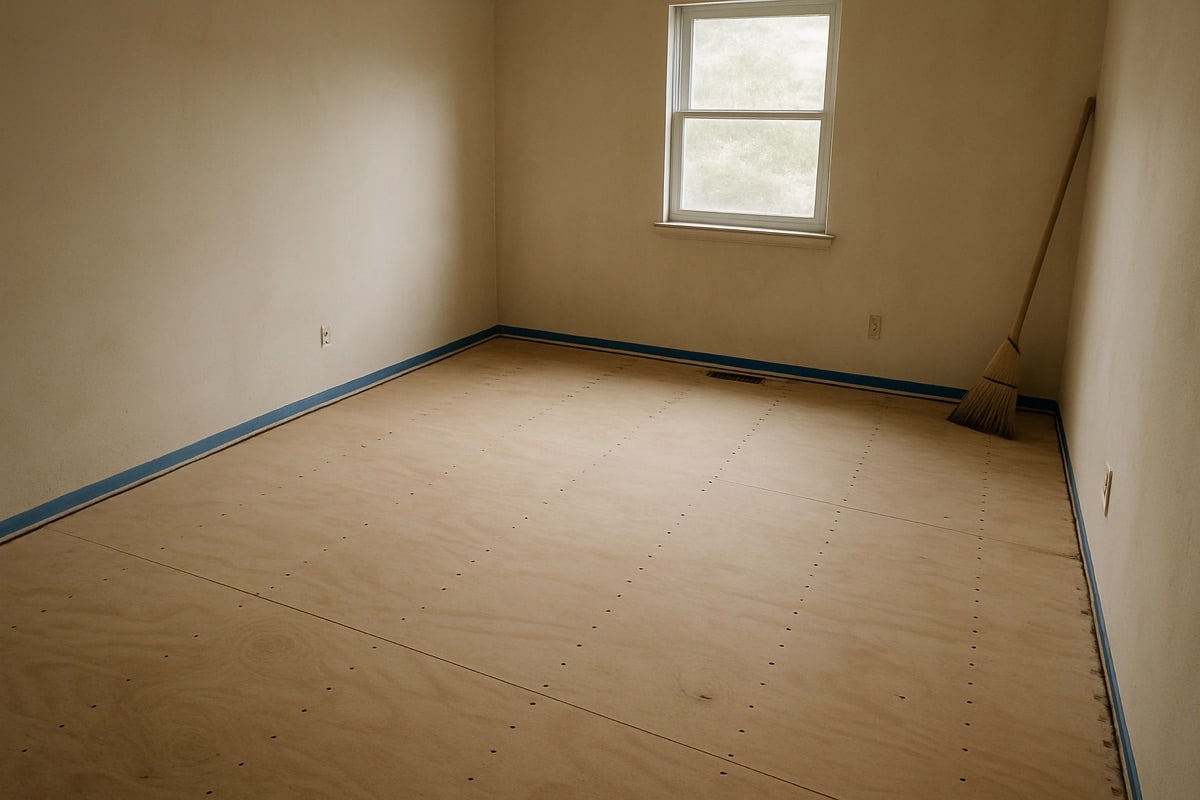 Empty room with exposed plywood subfloor swept clean before flooring installation