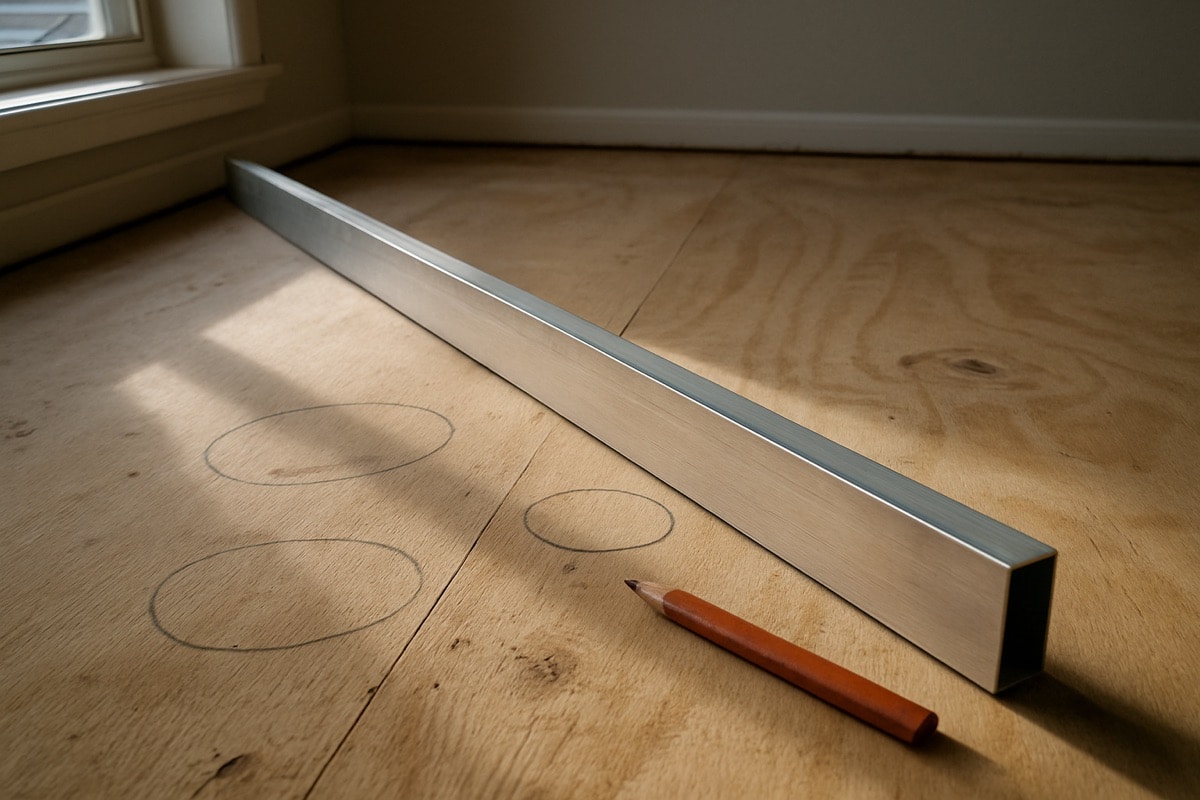 Straightedge and pencil marks on a plywood subfloor identifying low spots before installation