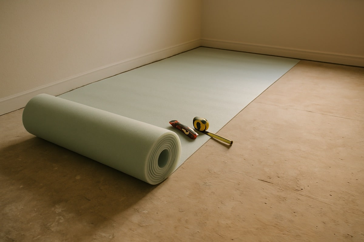 Roll of underlayment partially laid across a clean prepared subfloor in an empty room
