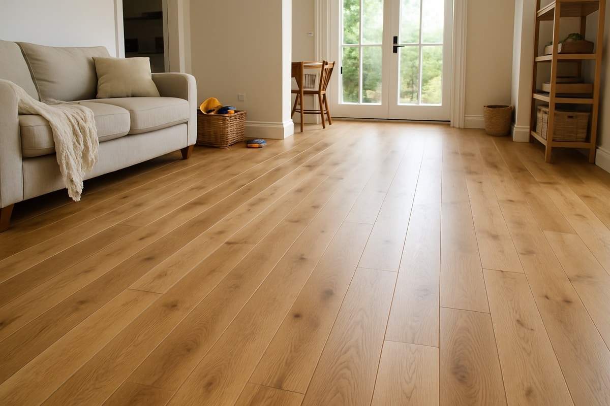 Durable wide-plank hardwood flooring in a busy family home living room
