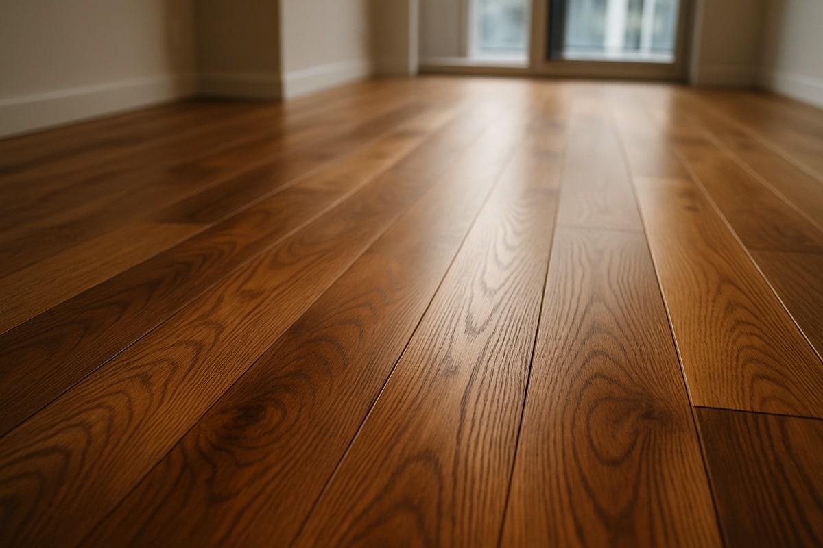 Close-up of warm hardwood flooring planks with rich grain in a modern condo