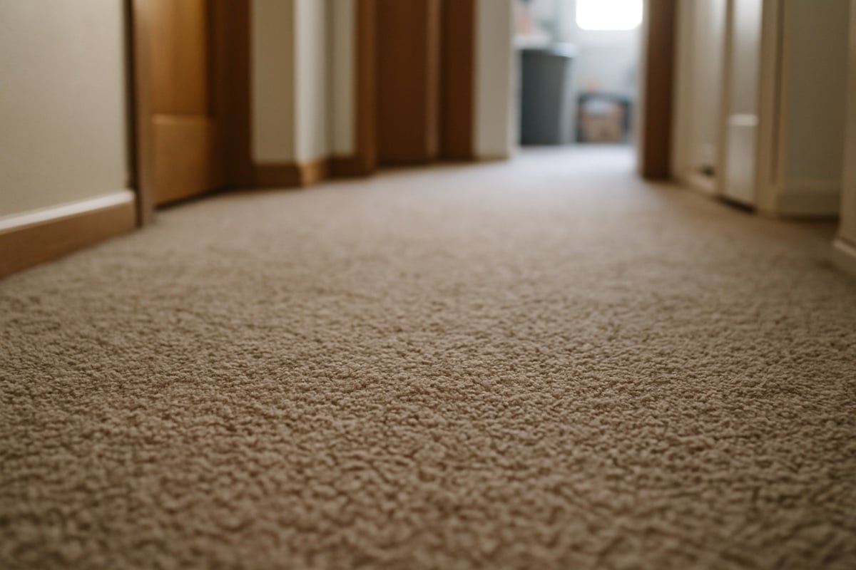 Clean low-pile neutral carpet flooring in a busy household hallway