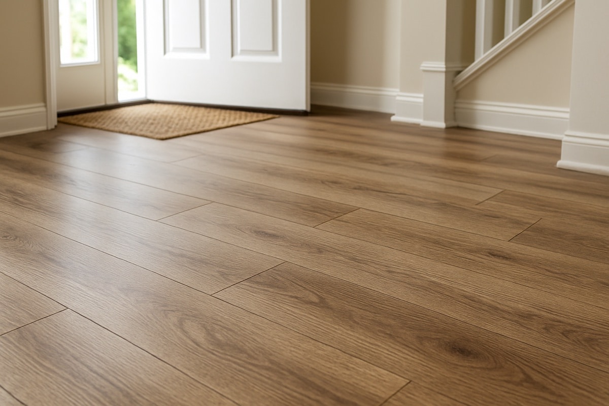 Durable luxury vinyl plank flooring installed in a bright high-traffic home entryway