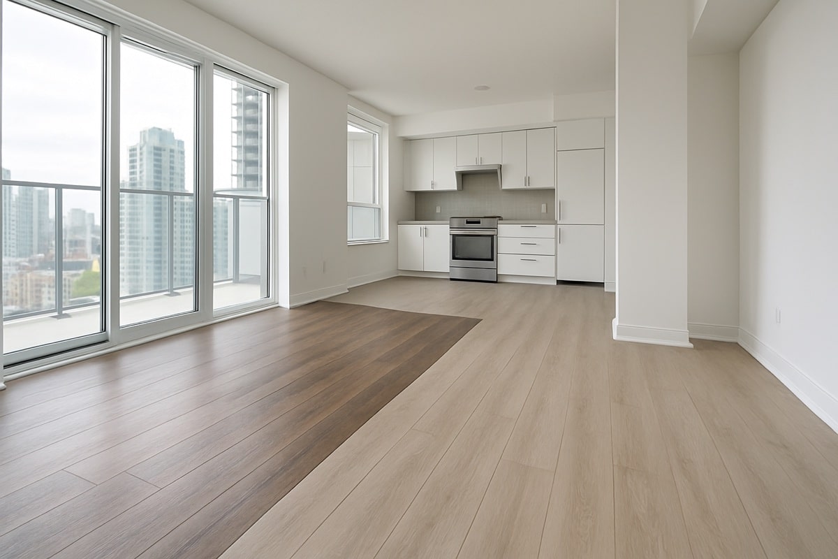 Modern Toronto condo floor showing luxury vinyl plank beside laminate flooring