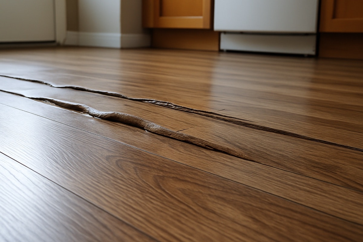 Water-damaged laminate kitchen flooring swelling and separating at the seams