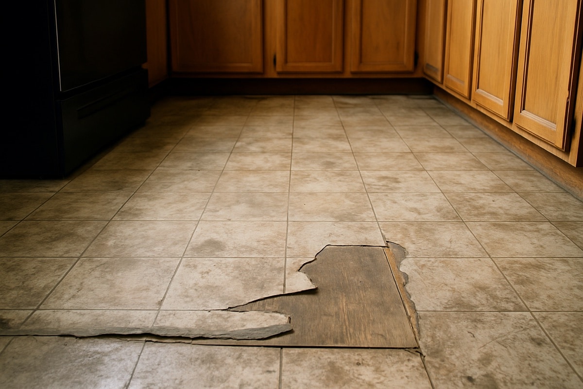 Worn and aging kitchen floor with scuffed, lifting tile and laminate needing replacement