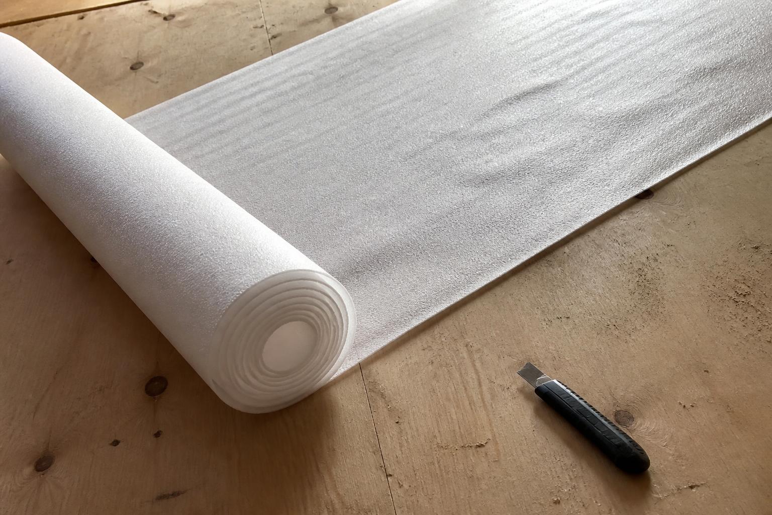 Underlayment foam being rolled out over a subfloor before laminate installation