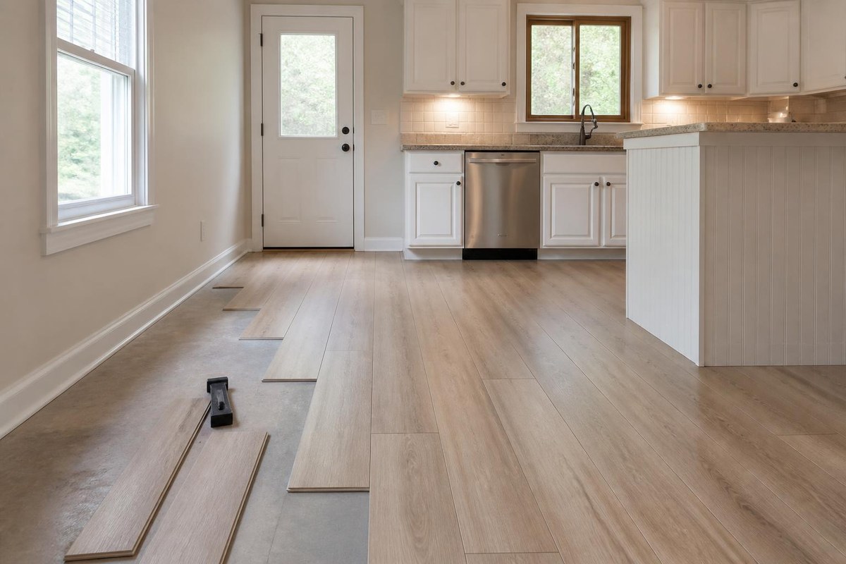 Rigid-core SPC vinyl plank flooring installed in a bright kitchen