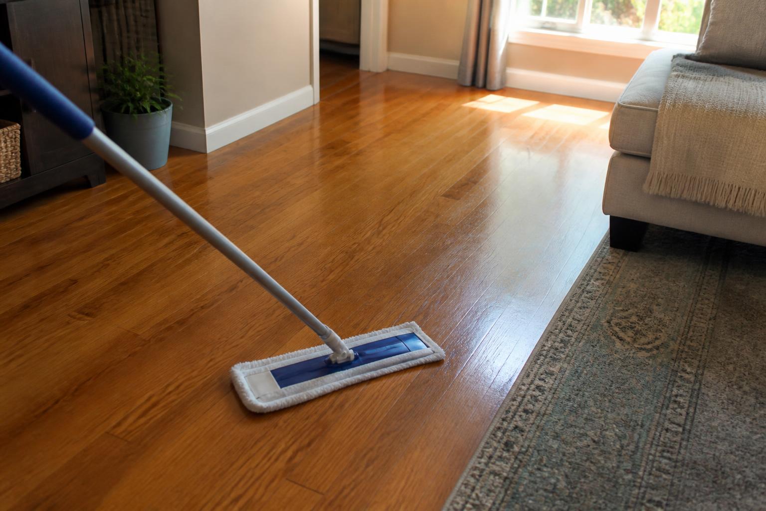 Homeowner dry-mopping a sunlit hardwood floor with a microfibre mop