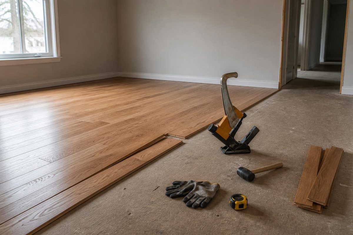 Contractor installing solid hardwood flooring boards in a Toronto home