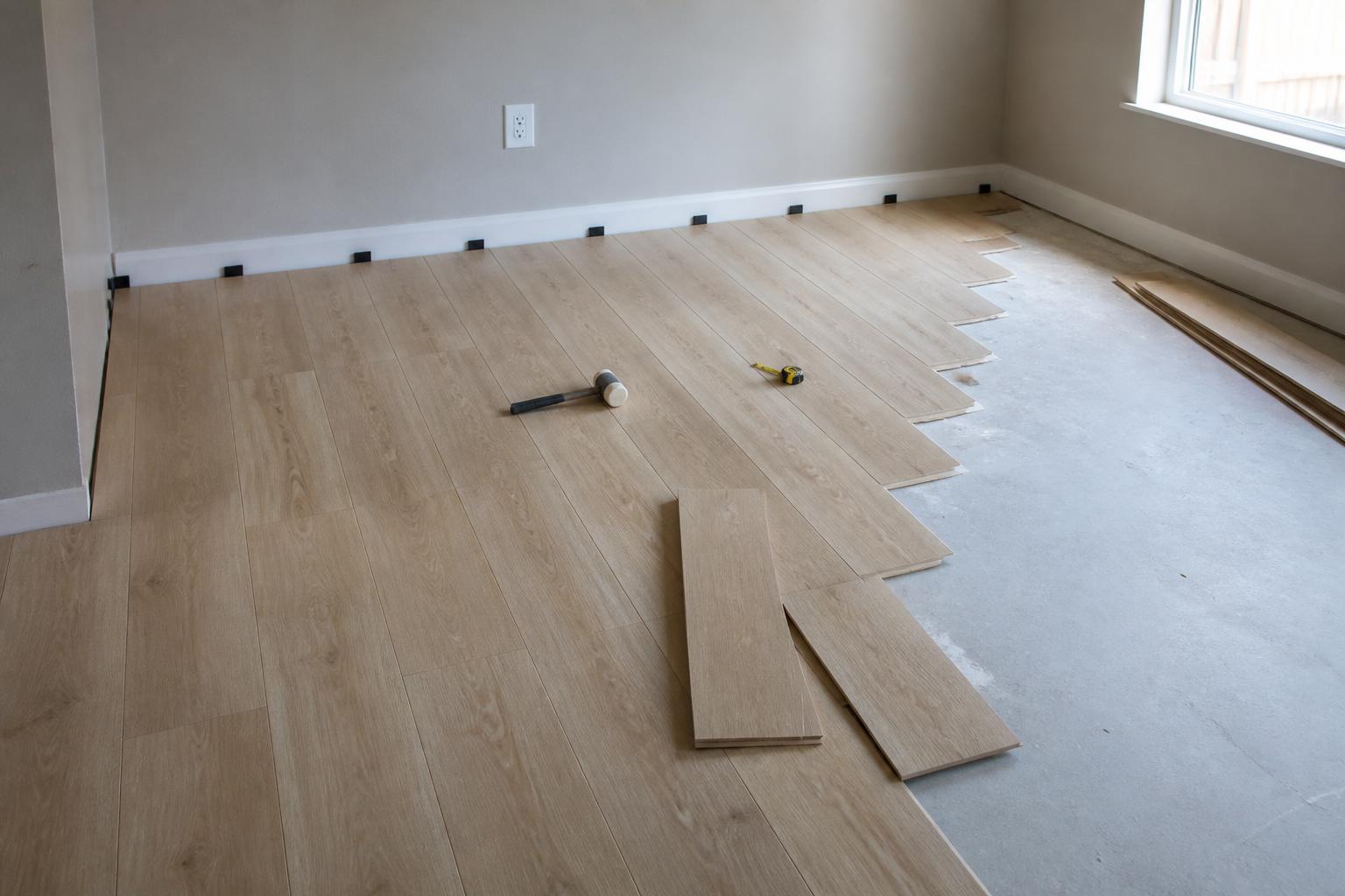 Partially installed light oak laminate flooring with spacers and hand tools