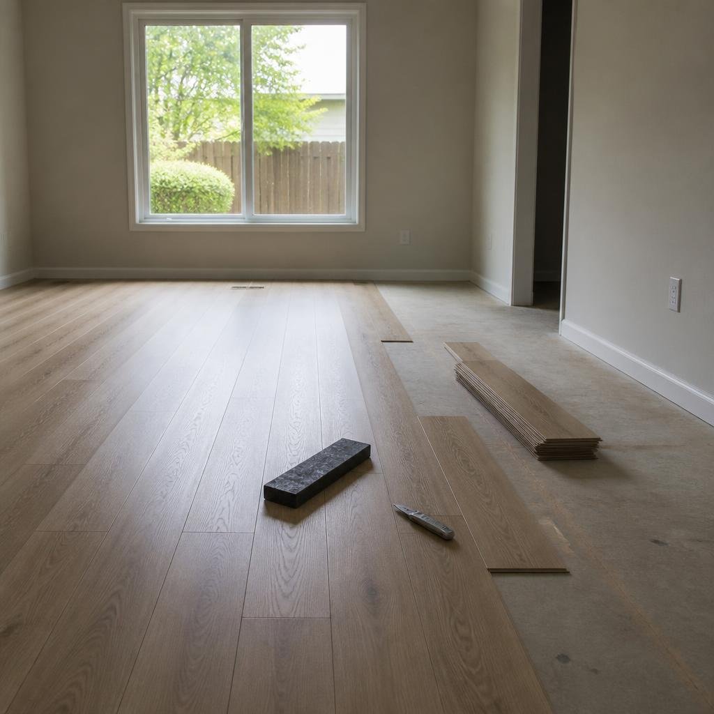 Contractor installing luxury vinyl plank flooring in a Toronto home