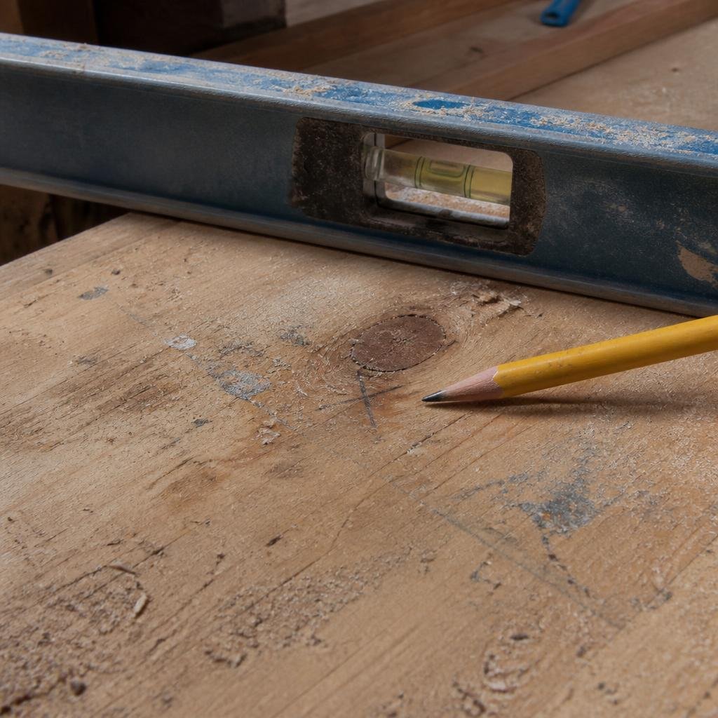 Worker checking a plywood subfloor for level before vinyl plank installation