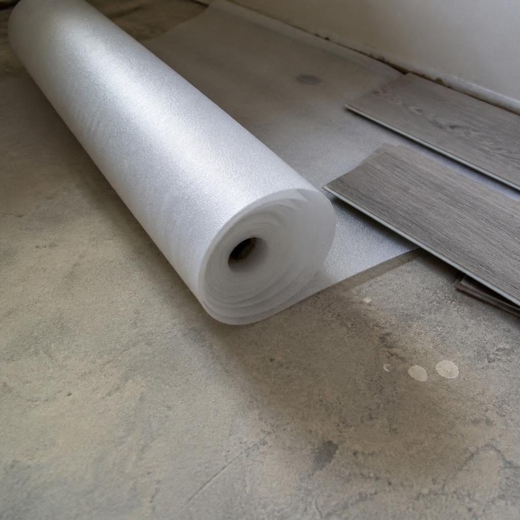 Roll of foam underlayment being placed under luxury vinyl plank flooring