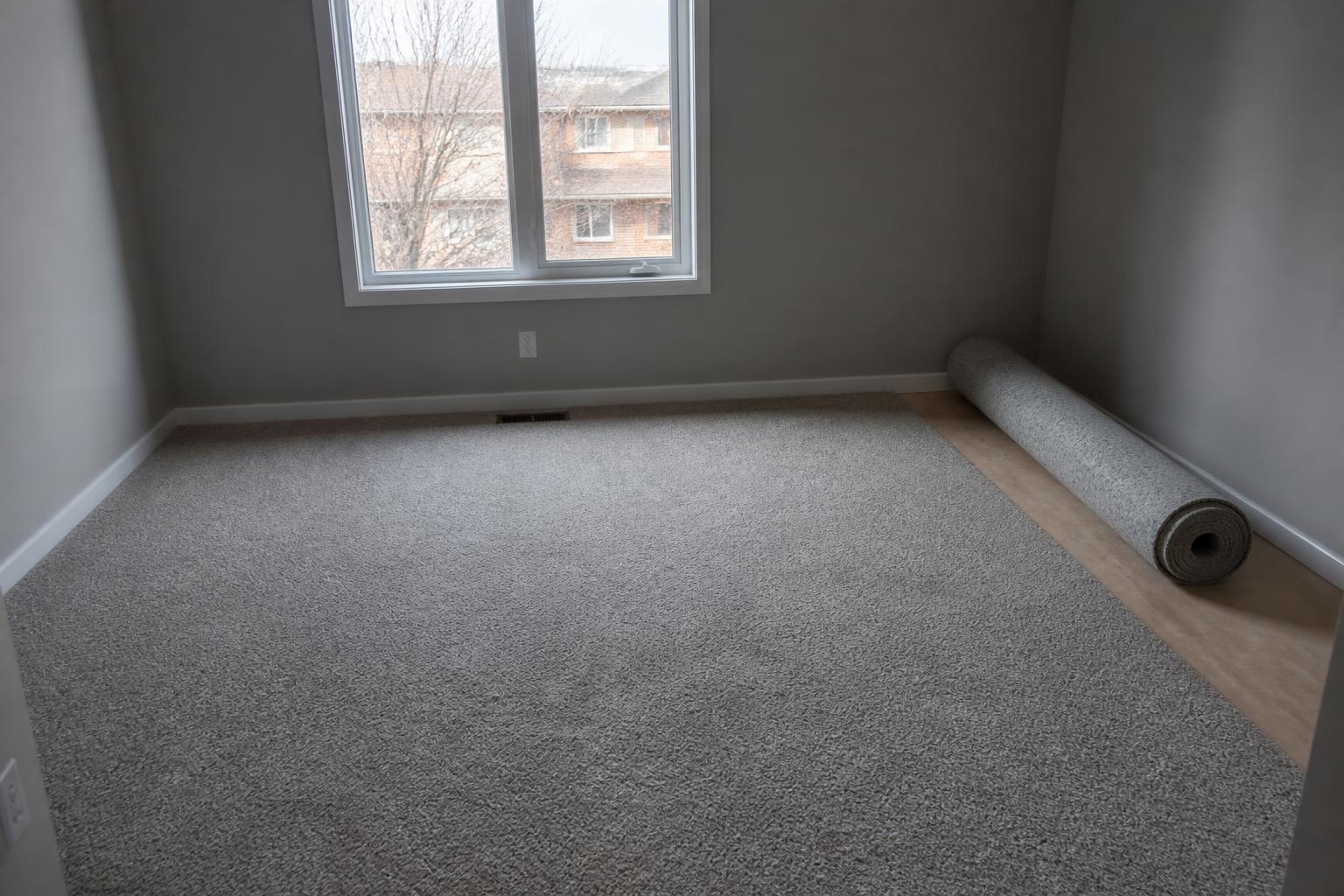 Neutral grey carpet laid across an empty Toronto bedroom floor with a roll of material in the corner