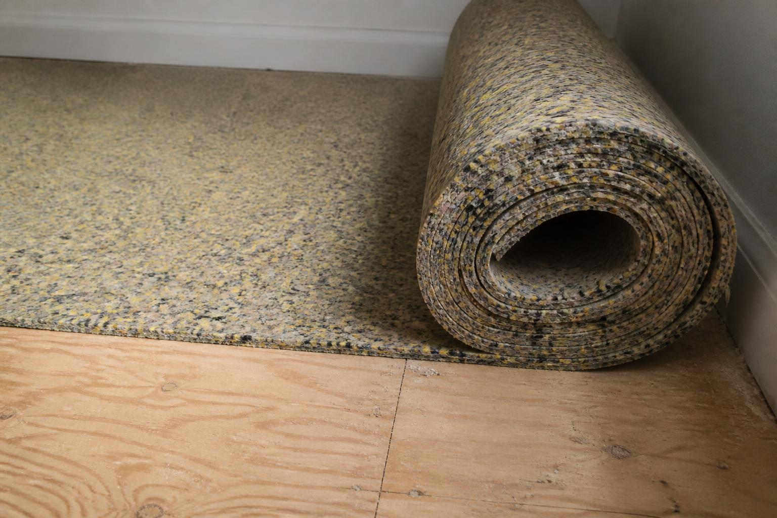 Thick foam carpet padding partly unrolled across a bare plywood subfloor