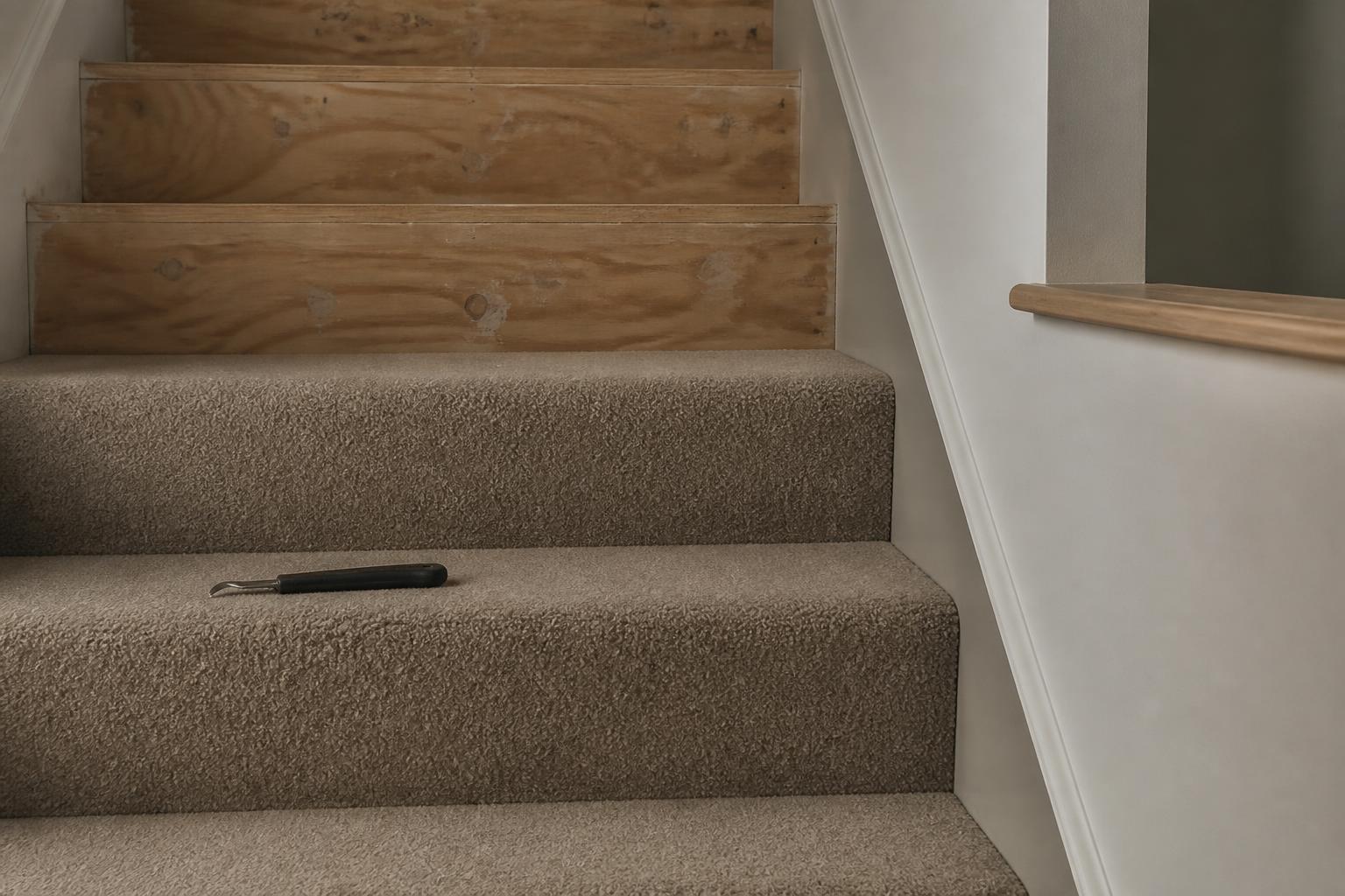 Carpeted lower stairs with the upper steps still bare plywood and a carpet tool resting on a finished step