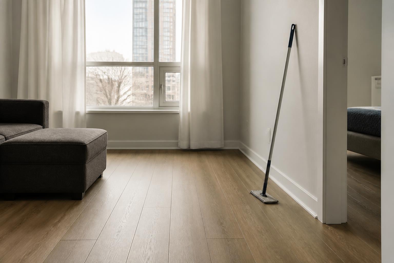 Clean wood-look vinyl plank flooring in a bright Toronto living room with a flat mop against the wall