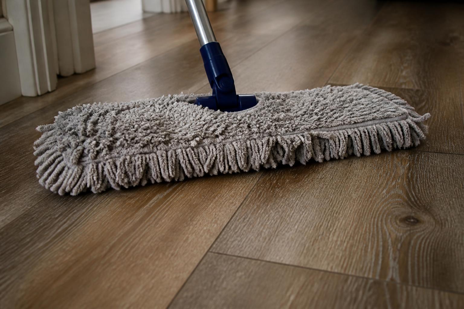 A soft microfibre dust mop head resting on a clean wood-look vinyl plank floor