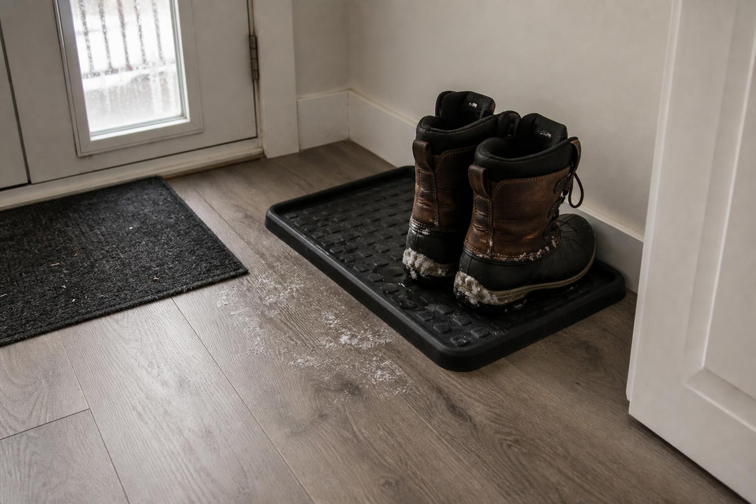A boot tray with winter boots and an entry mat on a vinyl plank floor near a front door, with salt residue on the planks